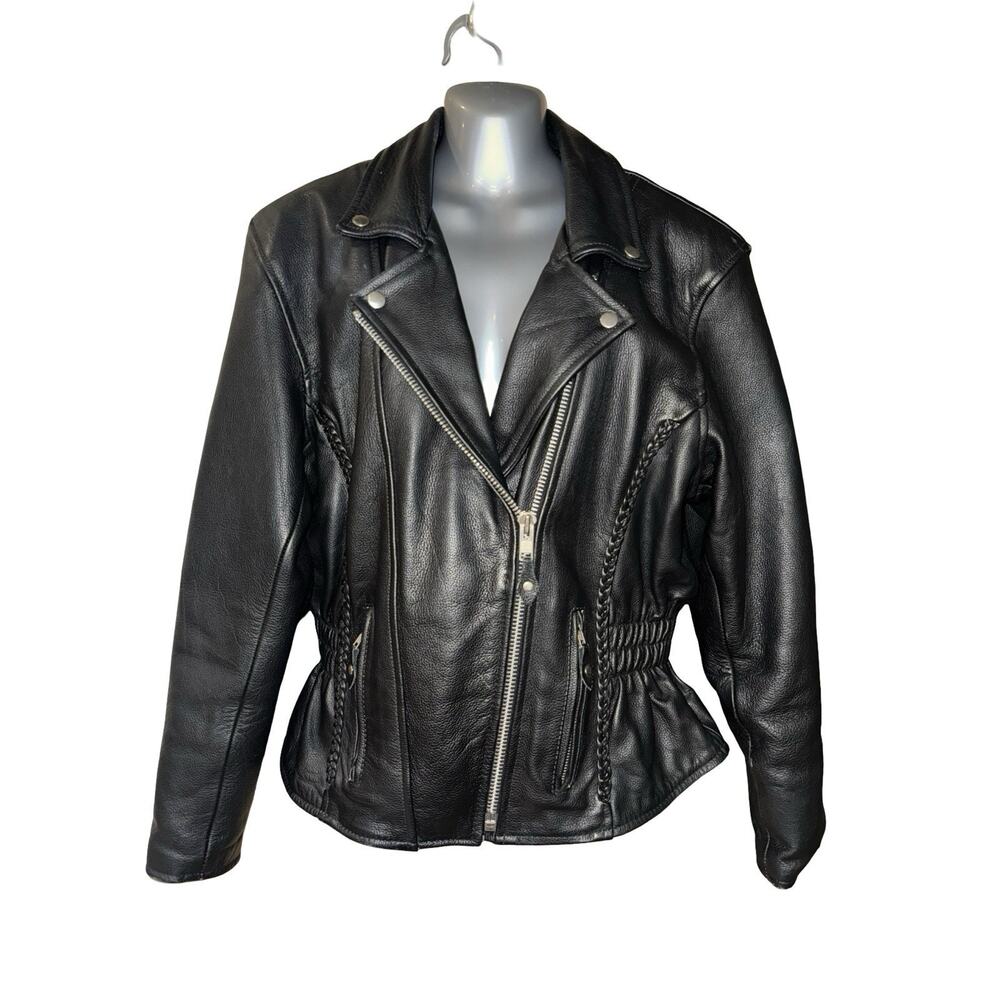 Jim Leather Inc Ladies Black Motorcycle Jacket Double Zip With Liner, Sz XL